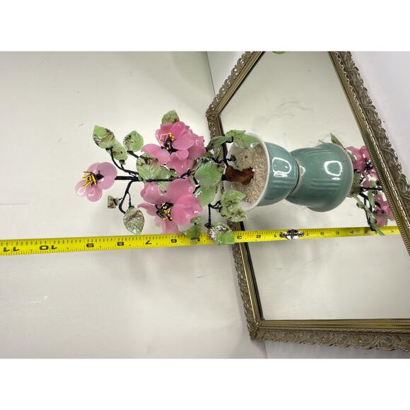 Beautiful Vintage Jade Glass Bonsai Tree Pink Flower Rose, Green Celadon Pot - Picture 6 of 10